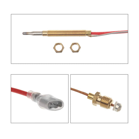Timsec outdoor patio heater thermocouple sensor front view with brass threaded probe, red 16.2-inch wire and two nuts