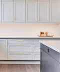 Grey kitchen cabinets with Brushed Gold Cabinet Pulls Pack Of 10, 5 Inch Hole Centers, Zinc Alloy And Brass Construction installed