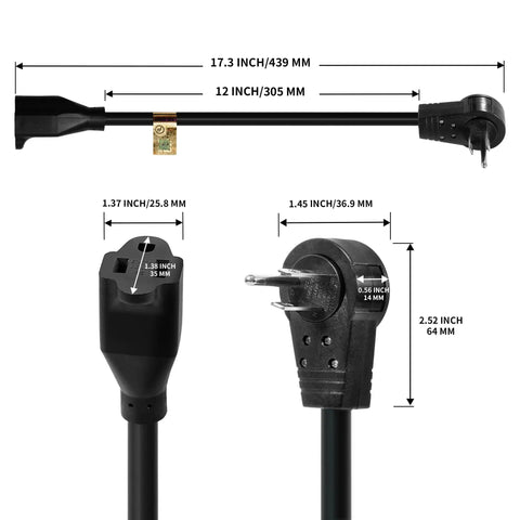 360 Degree Rotating Flat Plug Extension Cord 1 Foot 14 AWG 3 Prong Low Profile Right Angle Power Cable dimensions