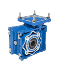 Blue Beefy Torque NMRV040 Gearbox Reducer for Electric Motors with Ratios 7.5 to 100, side view showing flange and housing.