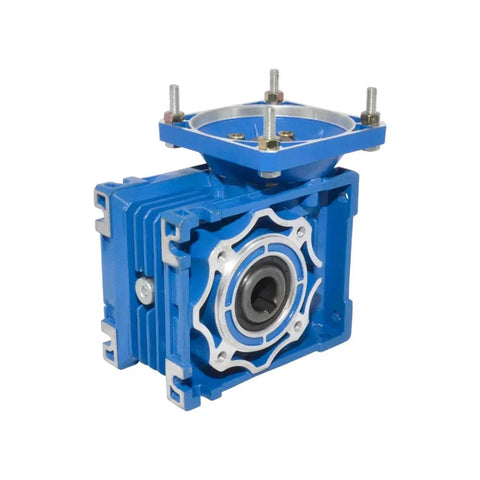 Blue Beefy Torque NMRV040 Gearbox Reducer for Electric Motors with Ratios 7.5 to 100, side view showing flange and housing.
