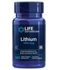 Front view of bottle labeled Lithium 1000 mcg for brain health, part of Lithium Orotate 1000 Mcg And Taurine 1000 Mg Supplement package