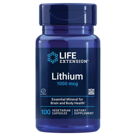 Front view of bottle labeled Lithium 1000 mcg for brain health, part of Lithium Orotate 1000 Mcg And Taurine 1000 Mg Supplement package