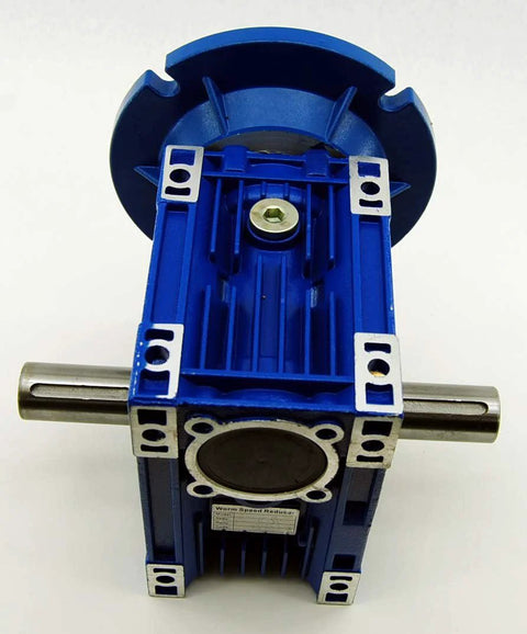 Lexar Industrial MRV063 worm gear speed reducer, blue aluminum housing with front mounting flange and metal shafts.