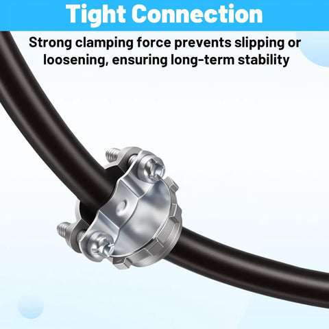 Heavy Duty Zinc Wire Clamps Bulk Pack Of Fifty Secure Electrical Box Connectors With Ironclad Strain Relief Fittings close-up of clamp securing thick black wire.