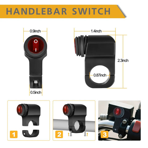 Dimensions and details of the handlebar switch from Light Bar Wiring Harness Kit With Handlebar Switch For 12V LED Bars And Fog Lights.