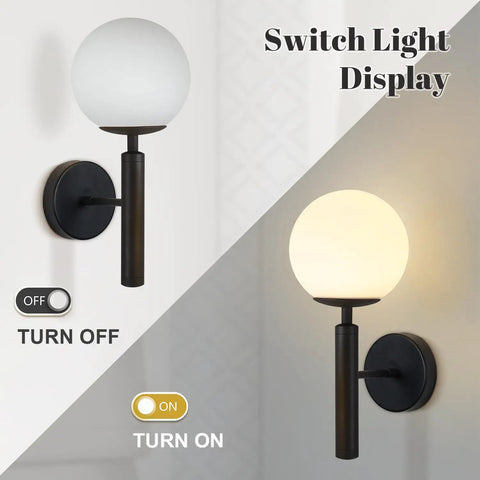 Set of 2 Dope Black Globe Wall Sconces With Milk Glass Shades Modern Farmhouse Mid Century Wall Lights for Bathroom or Over Mirror display