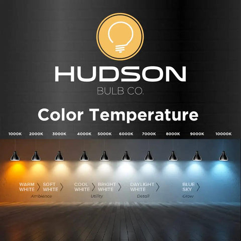 Hudson Bulb Co. color temperature scale from 1000K to 10000K with lighting examples from warm white to blue sky.