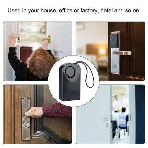 Ultra Loud 120dB Door Sensor Alarm For Home, Travel And Hotels, Touch, Vibration And Magnet Detection For Kids Safety, Luggage, Backpack, And Security, Instant Alerts When Door Opens black sensor hanging on door handle