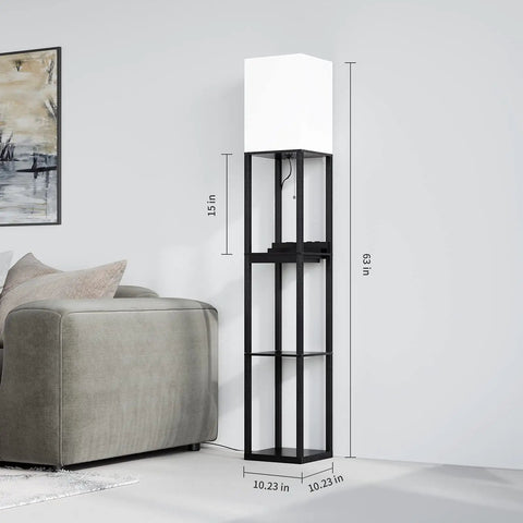 Modern Dimmable Solid Wood Floor Lamp With Shelf And Drawer Two USB Ports And Two Power Outlets Super Handy Corner Tall Bookshelf