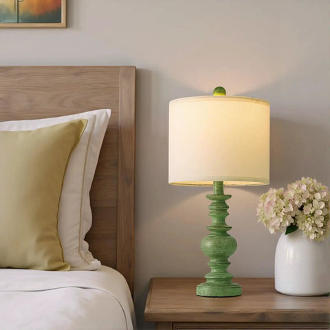 Rustic 27.5 Inch Table Lamp Set of 2 with 3-Way Dimmable Touch Control on bedside, green base, beige shade, farmhouse style