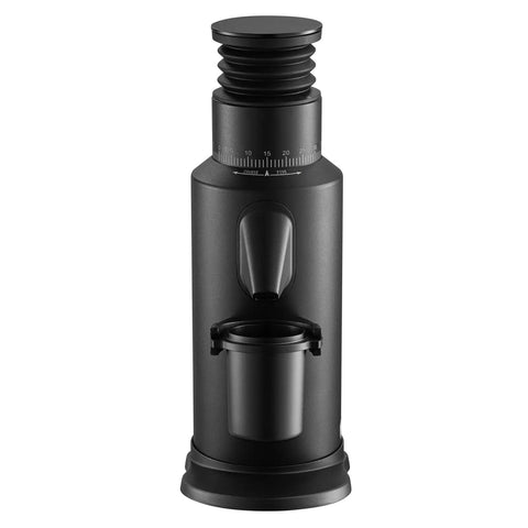 Dope Single Dose Electric Coffee Grinder Featuring 64Mm Titanium Flat Burrs And Stepless Adjustment To Nail Your Flavor Packed Espresso Routine In Sleek Black Finish, front view, low retention design.