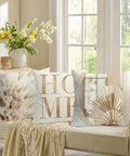 4 Pack 18x18 Brown Floral Short Plush Pillow Covers Set Of 4 on cream sofa with neutral floral and book decor
