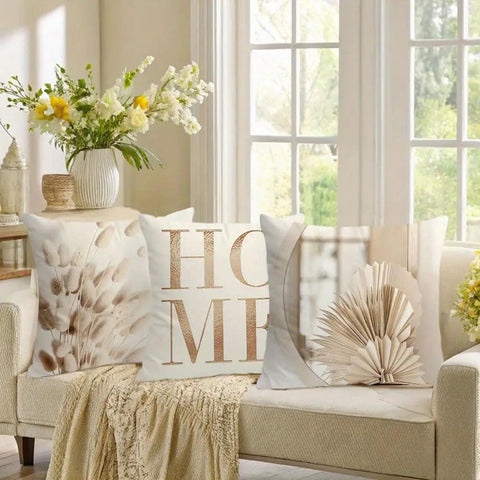 4 Pack 18x18 Brown Floral Short Plush Pillow Covers Set Of 4 on cream sofa with neutral floral and book decor