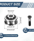 Image showing product size of U Groove Bearings Four Pack 5x16x8mm with guide rail rollers for rail track linear motion systems.