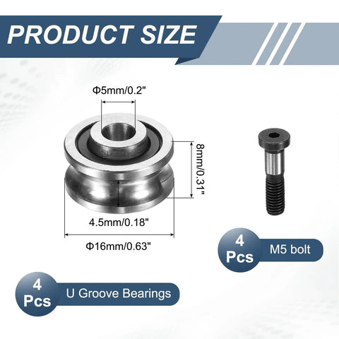 Image showing product size of U Groove Bearings Four Pack 5x16x8mm with guide rail rollers for rail track linear motion systems.