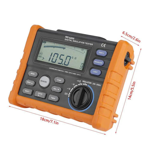 Digital Insulation Tester Multimeter with 0.01M to 100G insulation range, 250V to 2500V AC DC testing, measuring screen visible.