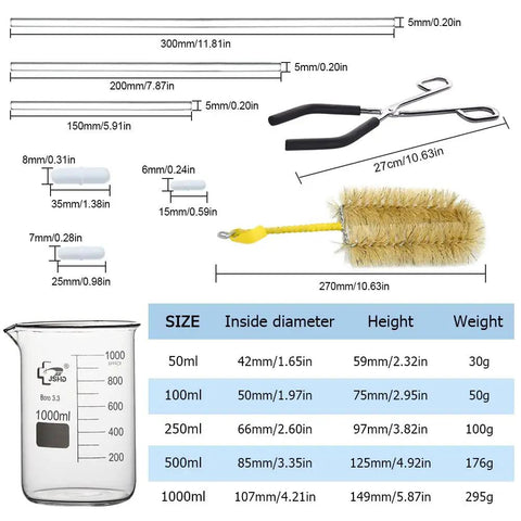 14 Piece Glass Beaker Set With 6 Graduated Beakers 10Ml 50Ml 100Ml 250Ml 500Ml 1000Ml Plus 11 Inch Beaker Tongs 3 Glass Stirring Rods 3 Magnetic Stir Bars And 1000Ml Beaker Brush For Home Lab Gear And Classroom Use, showing dimensions and weight.