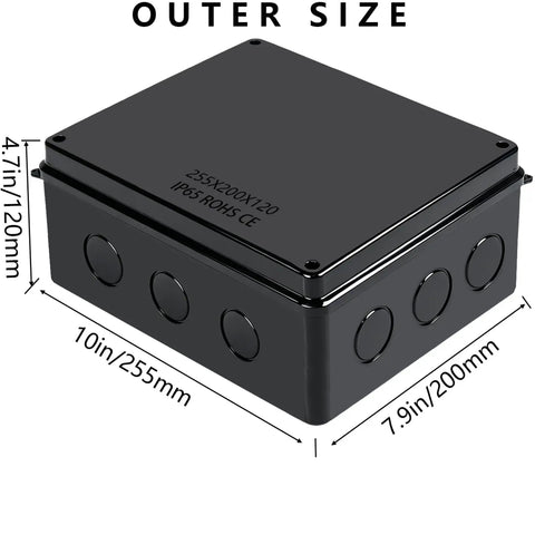 Hella Durable IP65 Waterproof ABS Junction Box equipped with two M24 cable glands, measuring 10x7.9x4.7 inches, premium black.
