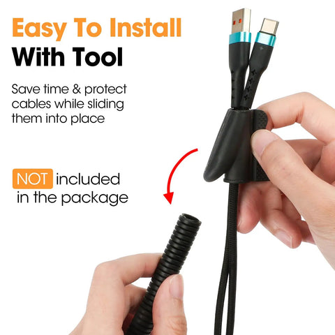 Demonstrating insertion of cables into 120 Ft One Quarter Inch Split Wire Loom Tubing Conduit Black High Quality Polyethylene Cable Protector