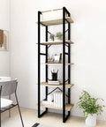 Five Shelf Bookcase In Sonoma Oak With Sturdy Metal Frame, Engineered Wood Library Shelf Unit, styled in modern room corner.