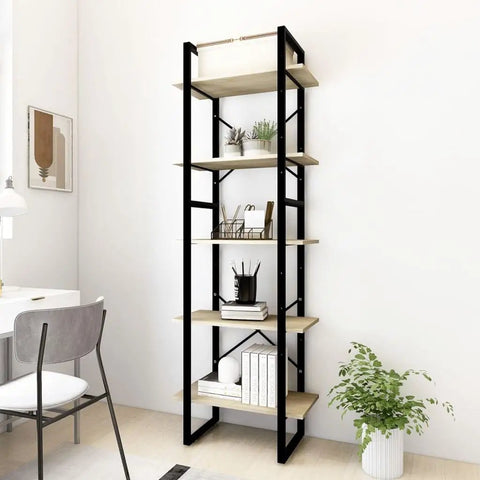 Five-Tier Sonoma Oak Book Cabinet With Metal Frame And Two Cabinets, 23.6 Inch Wide, 11.8 Inch Deep, 68.9 Inch Tall in modern room setting