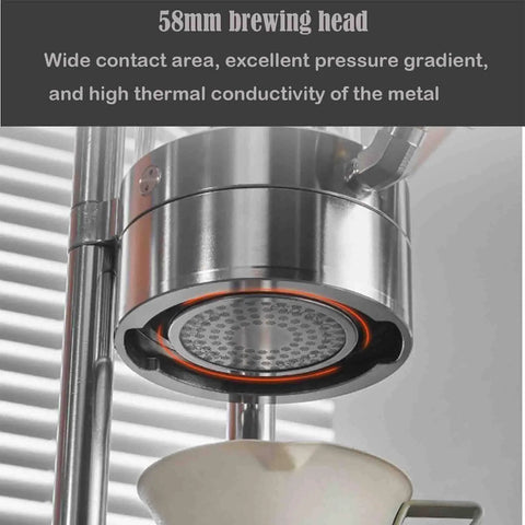 58mm brewing head of Pro Level Manual Lever Espresso Machine Polished Stainless Steel Build with pressure gauge.