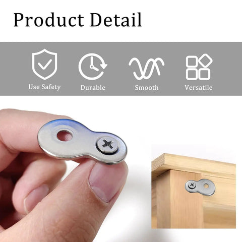 Thirty Piece Bundle Heavy Duty Figure Eight Table Top Fasteners With Sixty Matched Screws For Serious Cabinet Woodworking and Office Furniture Assembly No Sweat Setup Always in hand, showing detail of fastener.