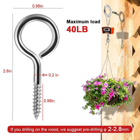 Heavy Duty 2.6 Inch Stainless Steel Screw Eyes Eye Bolts Self Tapping For Wood Indoor Outdoor Use 1 Inch Ring Rustproof 304 Grade 40 Pack Built To Last For Hanging Plants Tools Cords Tarps And Outdoor Projects shown installed with hanging plant