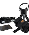 Handlebar Jack Portable Repair Stand V3 for E Bikes Bundle With Repair Stand Reflective Stickers and Tool Pack shown with black straps and bag.