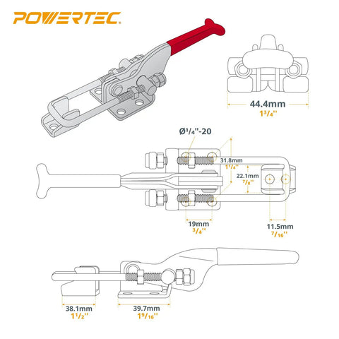 Heavy Duty Toggle Clamp Two Pack Delivers A Badass 700 Pound Solid Hold With Adjustable U Bolt and Anti Slip Grip for Woodworking Jigs, tool dimensions illustration.