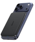 Slick Ultra Slim Magnetic Power Bank Featuring 5000mAh Capacity attached to a smartphone for fast Qi2 wireless charging.