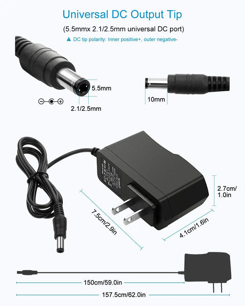 12V 1A Power Supply AC to DC Adapter 100-240V Input 12W Plug And Play For LED Strip Lights CCTV Cameras And More With 5.5x2.5mm Or 2.1mm DC Plug Perfect For Home Office Studio And DIY Projects, black adapter with 5.5/2.1mm tip and dimensions