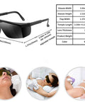 Wide Spectrum IPL Laser Safety Glasses Goggles 190Nm-2000Nm Eye Protection For Laser Hair Removal And Cosmetology Anti Fog Coating OD 2 Plus Low Visible Light Transmittance, adjustable black frame, shown with size dimensions and usage examples.