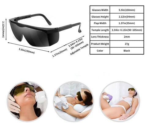 Wide Spectrum IPL Laser Safety Glasses Goggles 190Nm-2000Nm Eye Protection For Laser Hair Removal And Cosmetology Anti Fog Coating OD 2 Plus Low Visible Light Transmittance, adjustable black frame, shown with size dimensions and usage examples.