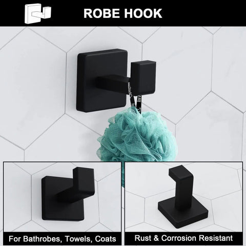 Matte Black 5 Piece Bathroom Hardware Set For Wall Mounting Includes Towel Bar Robe Hook Toilet Paper Holder In SUS304 Stainless Steel For Rustproof Durability 23.6 Inch robe hook detail