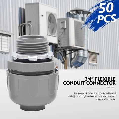 PVC Electrical Conduit Fittings 3/4 Inch Liquid Tight Connector With Ring And Steel Locknut UL Listed FNMC-B Straight Flexible Conduit Connector For Indoor And Outdoor Use 50 Pack, 3/4 in.