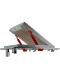 Straight Up Durable 8 X 8 Inch Drywall Access Panel Paintable Wall Repair Cover with aluminum frame and red hinges partially opened.