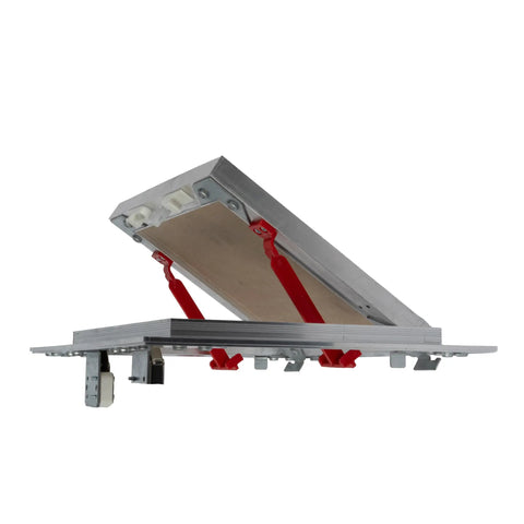 Straight Up Durable 8 X 8 Inch Drywall Access Panel Paintable Wall Repair Cover with aluminum frame and red hinges partially opened.