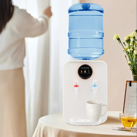 Countertop Water Cooler Dispenser For Home Or Office, Top Loading Hot And Cold Water, LED Indicators, White Finish, on table