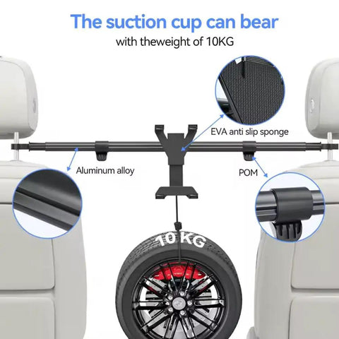 Rock Solid Rear Headrest Tablet Mount For Tesla Cybertruck showcasing suction cup and materials, holds up to 10KG securely.