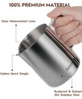 Hand holding Milk Frothing Pitcher 16oz 480ml Stainless Steel Steaming Cup with Latte Art Pen, showing measurement lines and spout.