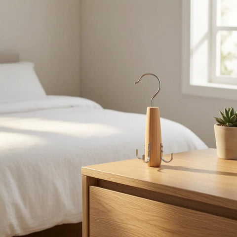 Heavy Duty Solid Wood Storage Hanger With Multiple Hooks on a bedside table in a bedroom, neat and compact for organizing accessories.