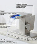 LED Temperature Sensing Bathroom Faucet With Color Changing LED Brushed Nickel Finish Sleek Waterfall Style Single Hole Vanity Faucet With Side Handle Dope Look Includes Metal Pop Up Drain And Two Water Supply Lines showcasing single handle and spout dimensions