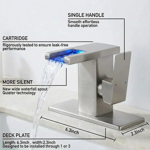 LED Temperature Sensing Bathroom Faucet With Color Changing LED Brushed Nickel Finish Sleek Waterfall Style Single Hole Vanity Faucet With Side Handle Dope Look Includes Metal Pop Up Drain And Two Water Supply Lines showcasing single handle and spout dimensions