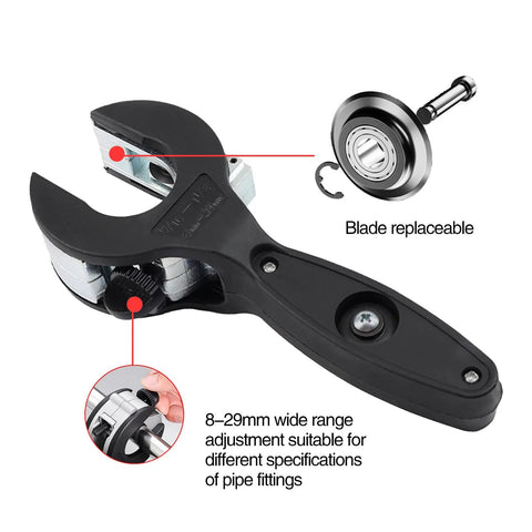 Front view of ratchet pipe cutter; black compact tool for 8–29 mm PVC/Cu pipes with replaceable blade