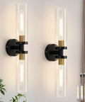 Battery Operated Wall Sconces Set of Two, Black and Gold Wall Light fixtures with Wireless Remote Control, clear glass, for warm accent lighting