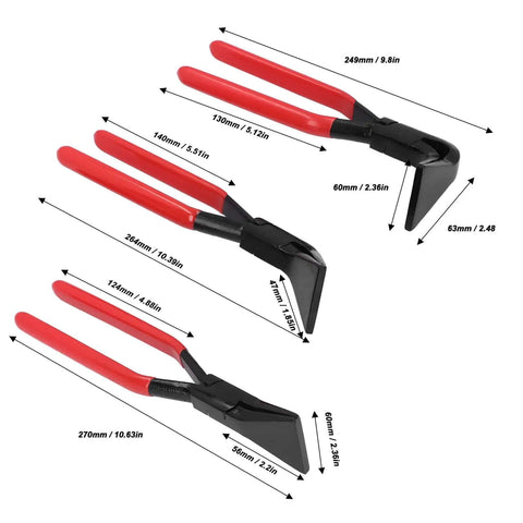 Pro Grade Heavy Duty Metal Bending Pliers Hand Seamer with Adjustable Jaw for 45 and 90 Degree Bends, featuring 3 jaw sizes