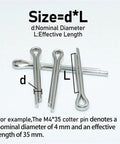 Stainless Steel Cotter Pin Set, 3-Box Assortment M1.5 To M6 With Whistle Hairpin And U Pin Styles, size dimensions diagram