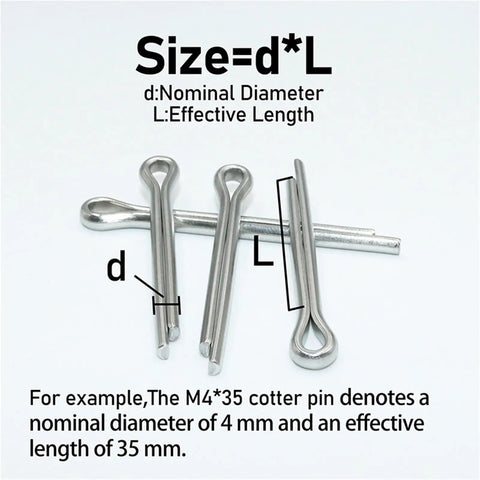 Stainless Steel Cotter Pin Set, 3-Box Assortment M1.5 To M6 With Whistle Hairpin And U Pin Styles, size dimensions diagram